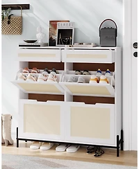 gaomon Rattan Shoe Cabinet Storage with 4 Flip Drawers and 2 Top Drawers Freestanding Shoe Organizer Wooden Slim Shoe Rack Storage