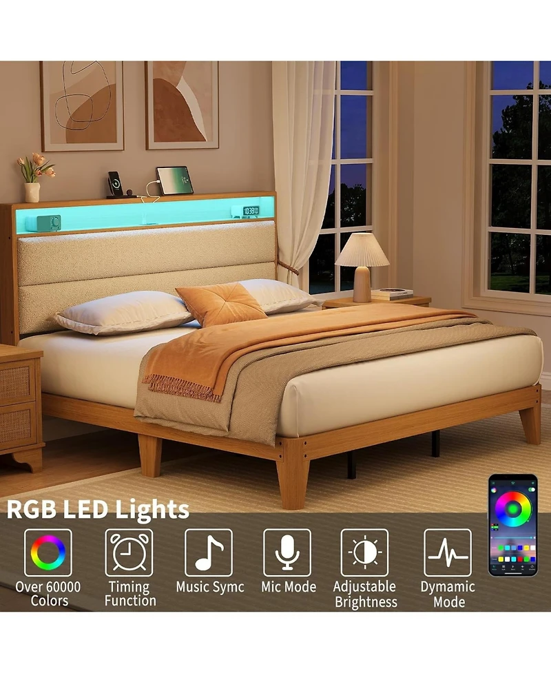 gaomon King Upholstered Bed Storage Headboard Led Boucle Platform Charging Station No Box Spring Easy Assembly