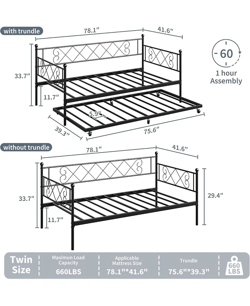 gaomon Daybed with Trundle Metal Twin Daybed Frame Headboard Platform Sofa Bed Metal Slats Living Room Guest Room