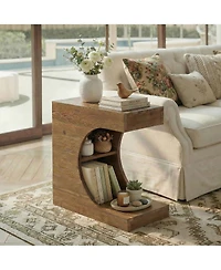 Tribesigns C-Shaped Solid Wood End Table, Farmhouse Side Table with Shelves, 2-Tier Nightstand