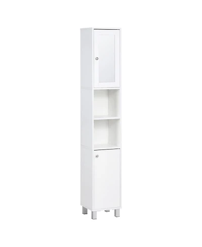 Rainsken Tall Bathroom Storage Cabinet with Mirror, Wooden Freestanding Tower Cabinet with 2 Enclosed Cabinets, 2 Middle Open Shelves for Small Spaces