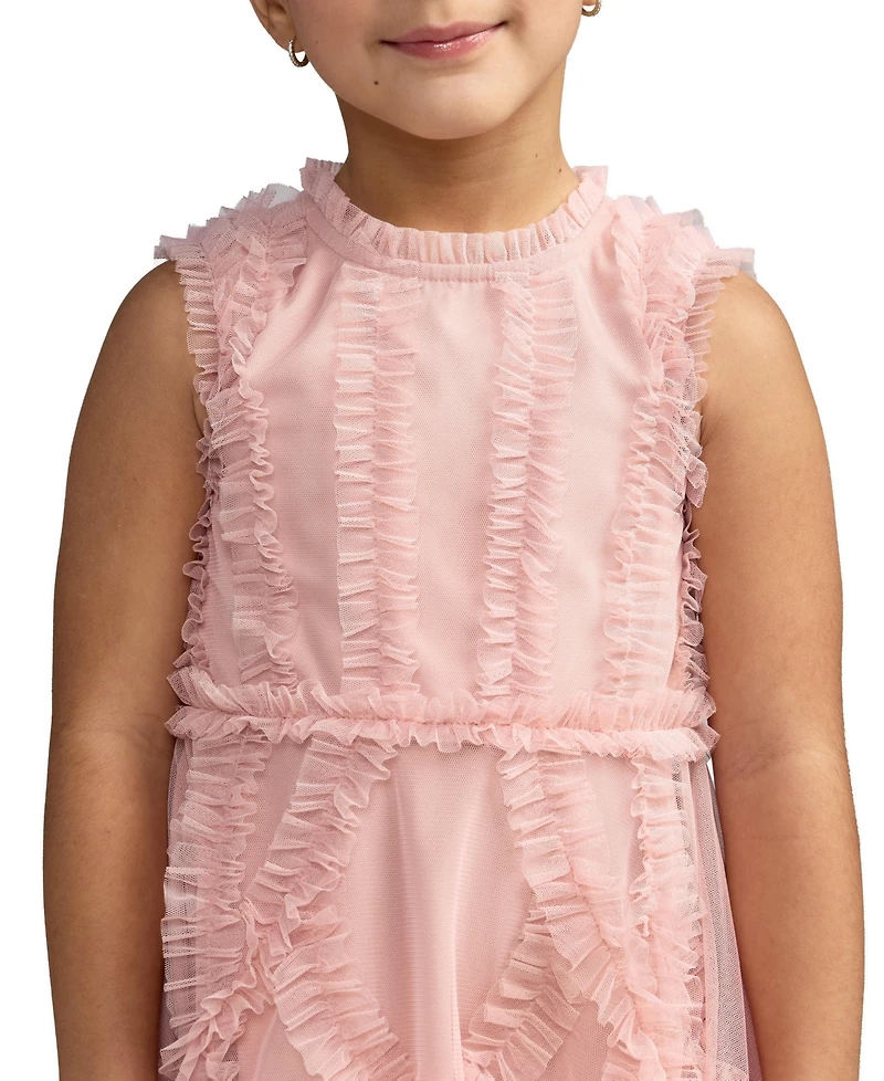 Girls High Neck Sleeveless Micro Ruffle Mini Dress