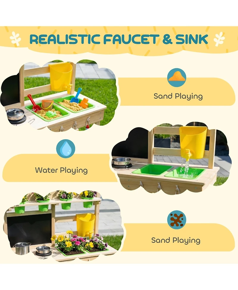 Qaba Wooden Kids Mud Kitchen with Kitchenware and Garden Tools