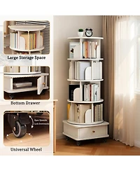 Rainsken Tier Rotating Bookshelf with Drawers On Wheel, 360° Display Spinning Corner Bookcase
