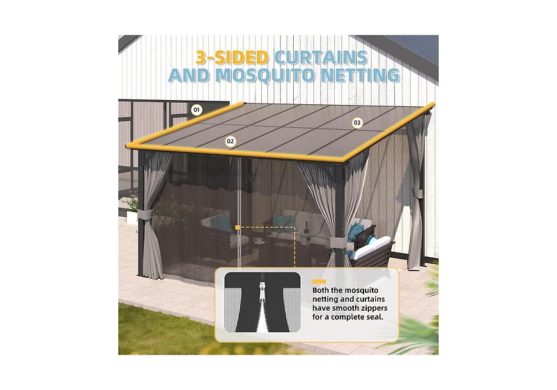 Aecojoy 12'x10' Wall Gazebo with Curtains and Mosquito Netting