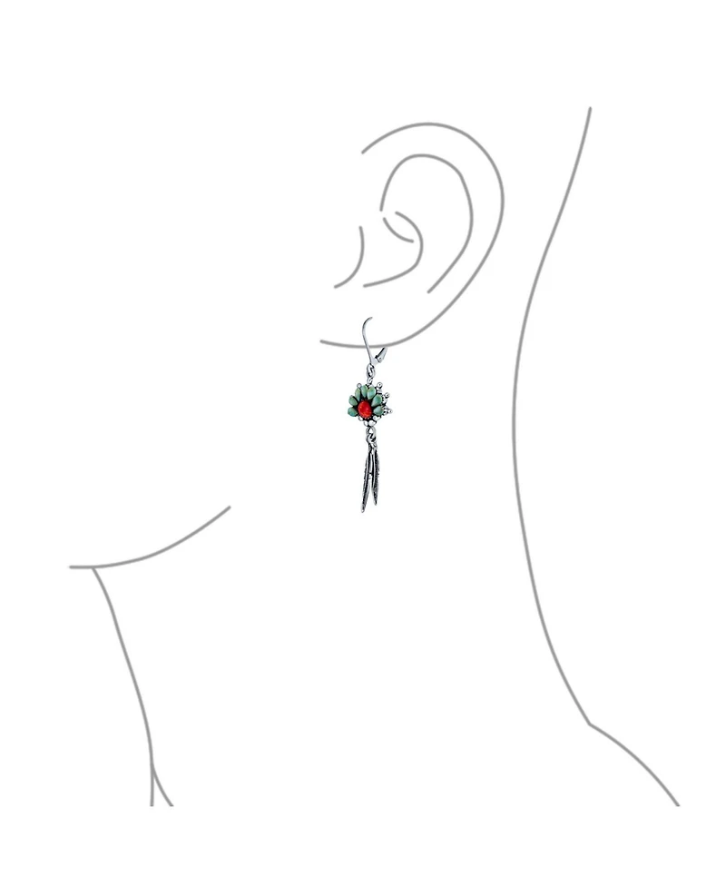 Bling Jewelry Western Style Squash Blossom Turquoise & Coral Feather Dangle Earrings .925 Sterling Silver