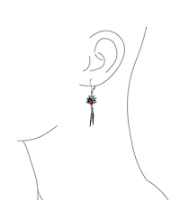 Bling Jewelry Western Style Squash Blossom Turquoise & Coral Feather Dangle Earrings .925 Sterling Silver