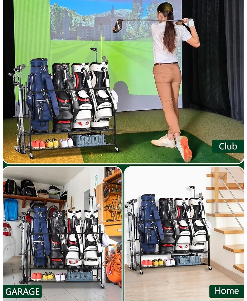 Heavy-Duty 4-Bag Golf Stand with Accessory Storage & Club Rack for Garage, Golf Club, Basement