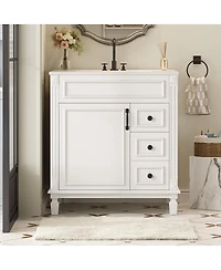 Sillysis 30 Inch Freestanding Bathroom Vanity with Ceramic Sink, French Modern Cabinet, Soft Close Drawers for Small Spaces