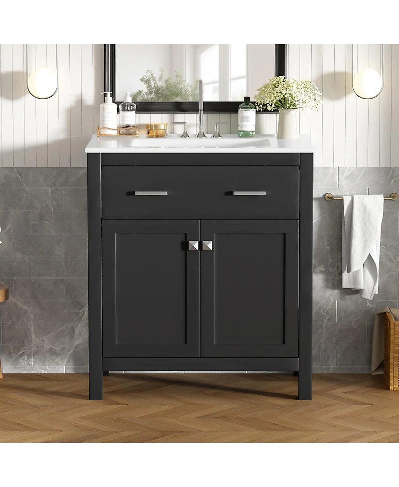 Sillysis 30" Bathroom Vanity with Ceramic Sink, Soft Close Doors & Adjustable Shelf, Modern Storage Cabinet for Small Spaces