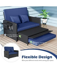 Gymax Set of 2 Pe Wicker Outdoor Daybed w/4-Level Adjustable Backrest Storage Ottoman