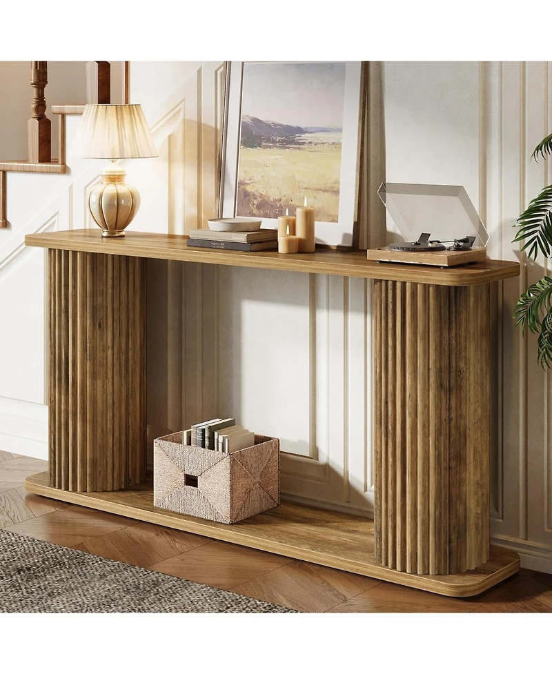 Tribesigns 63" Long Console Table, Mid Century Modern Behind Couch Sofa Table with Shelves