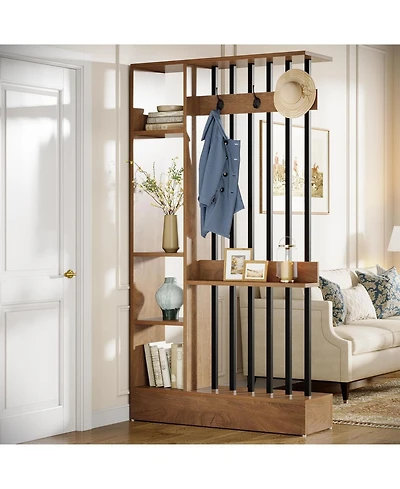 Tribesigns 71" Wall Room Divider with Shelves & Coat Hooks, Wood Freestanding Room Divider Bookcase for Home & Office Decorative.