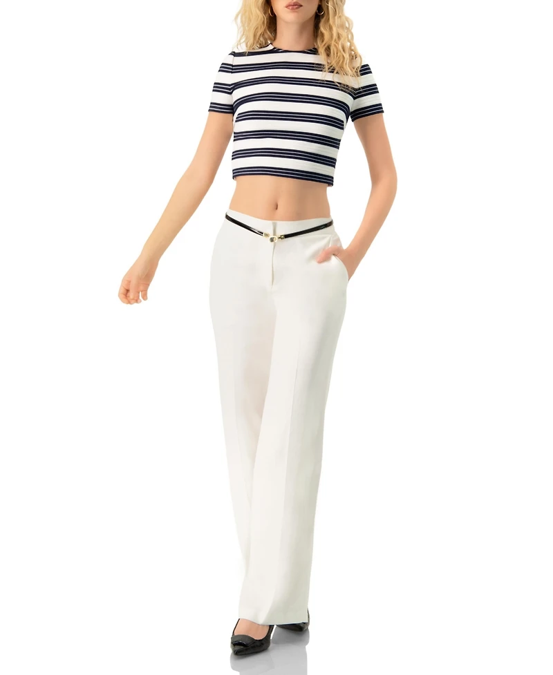 Ivonne Women's Striped Short Sleeve Round Neck Crop Top