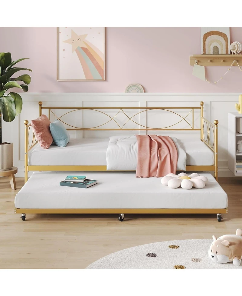 gaomon Twin Metal Daybed Frame with Trundle Heavy Duty Slats Platform Sofa Bed Lockable Casters for Living Room Bedroom Guest