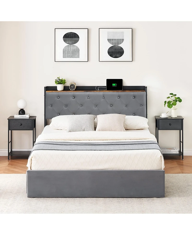 gaomon Upholstered Platform Bed Frame Storage Headboard 4 Drawers Charging Station No Box Spring Noise-Free Easy Assembly