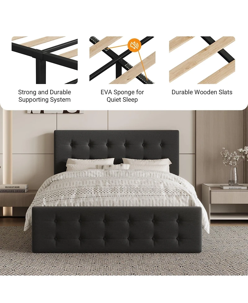 gaomonl Bed Frame 4 Storage Drawers Linen Upholstered Headboard Wooden Slats No Box Spring Button Tufted