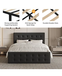 gaomonl Bed Frame 4 Storage Drawers Linen Upholstered Headboard Wooden Slats No Box Spring Button Tufted