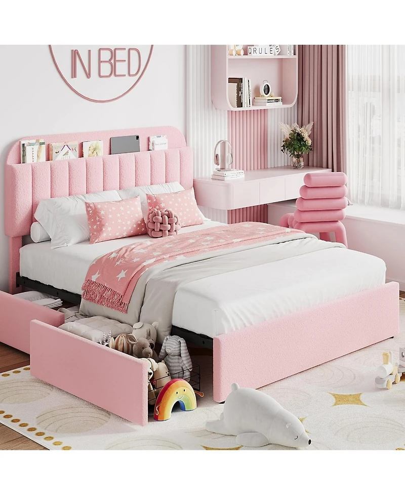 gaomon Upholstered Platform Bed with Storage Headboard and 2 Drawers- Boucle Fabric- Bookcase- Easy Assembly- No Box Spring Needed