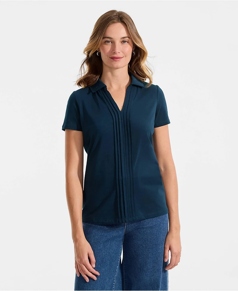 Lands' End Women's Short Sleeve Lightweight Jersey Pintuck Open Collar Polo