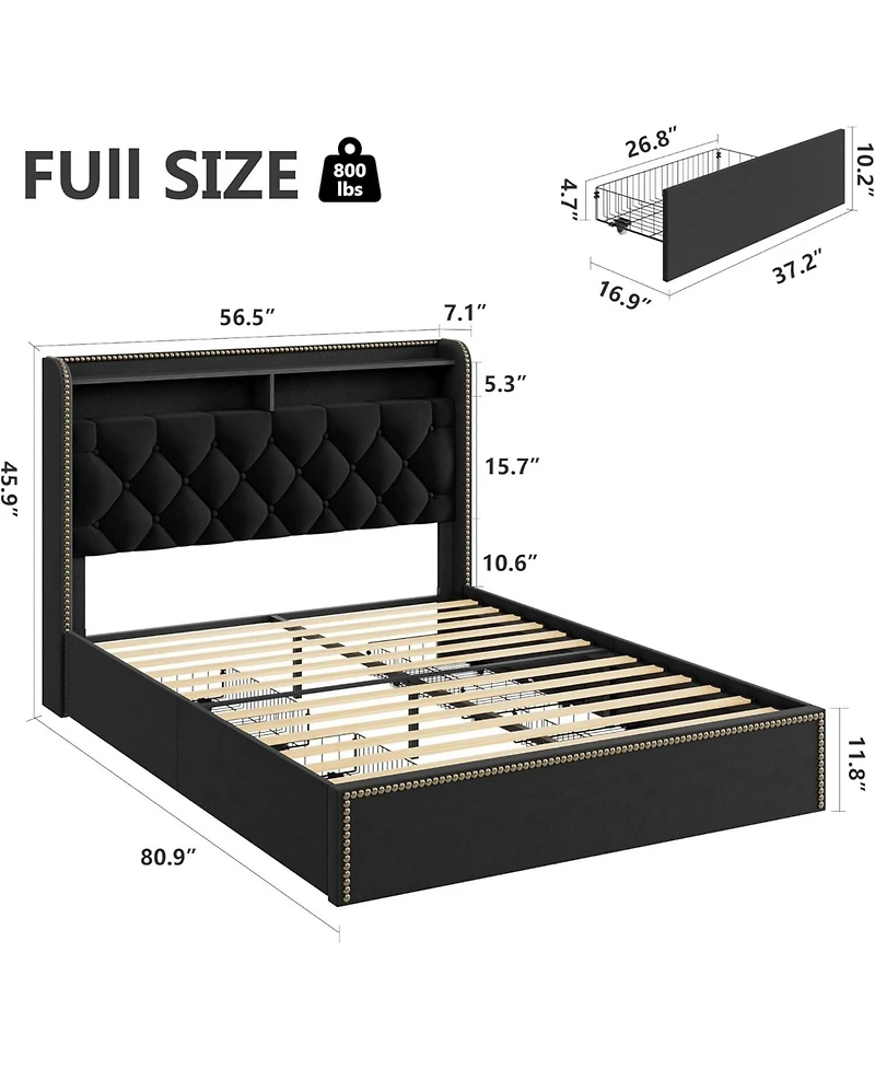 gaomon Full Size Bed Frame with 4 Storage Drawers, Velvet Fabric Upholstered Platform Bed with Tufted Headboard, Wooden Slats, No Box Spring Required