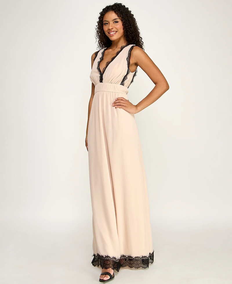 Seni & Cade Women's Sleeveless V-Neck Deep Plunge Lace Trim Dress