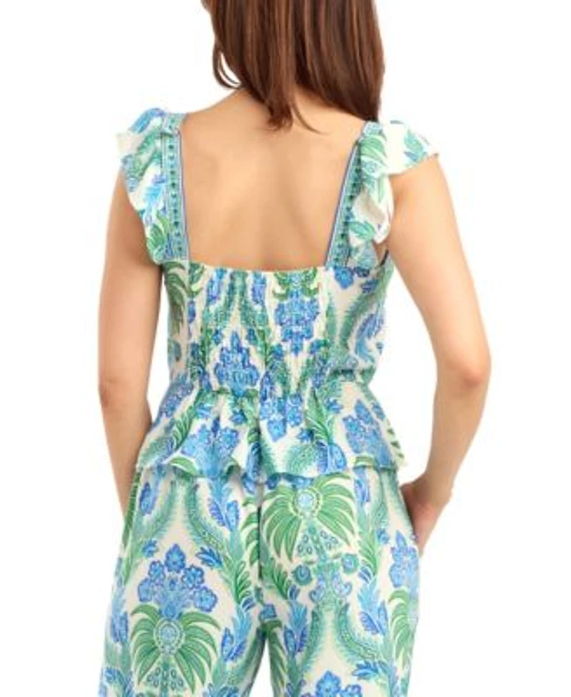 Bcx Womens Printed Flutter Sleeve Square Neck Top Wide Leg Mid Rise Pant Set