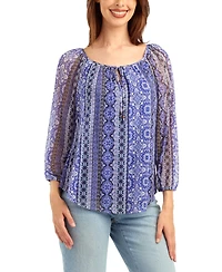 Bcx Women's Print Mesh Scoop Neck Peasant Top