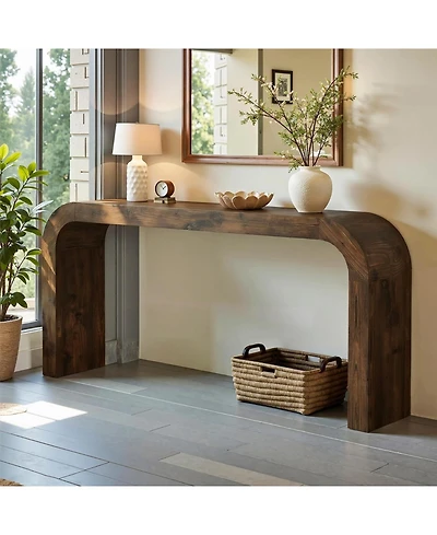 Tribesigns Solid Wood Tv Stand, 70.87-Inch Farmhouse Sofa Table with Waterfall Curved Corners for Hallway