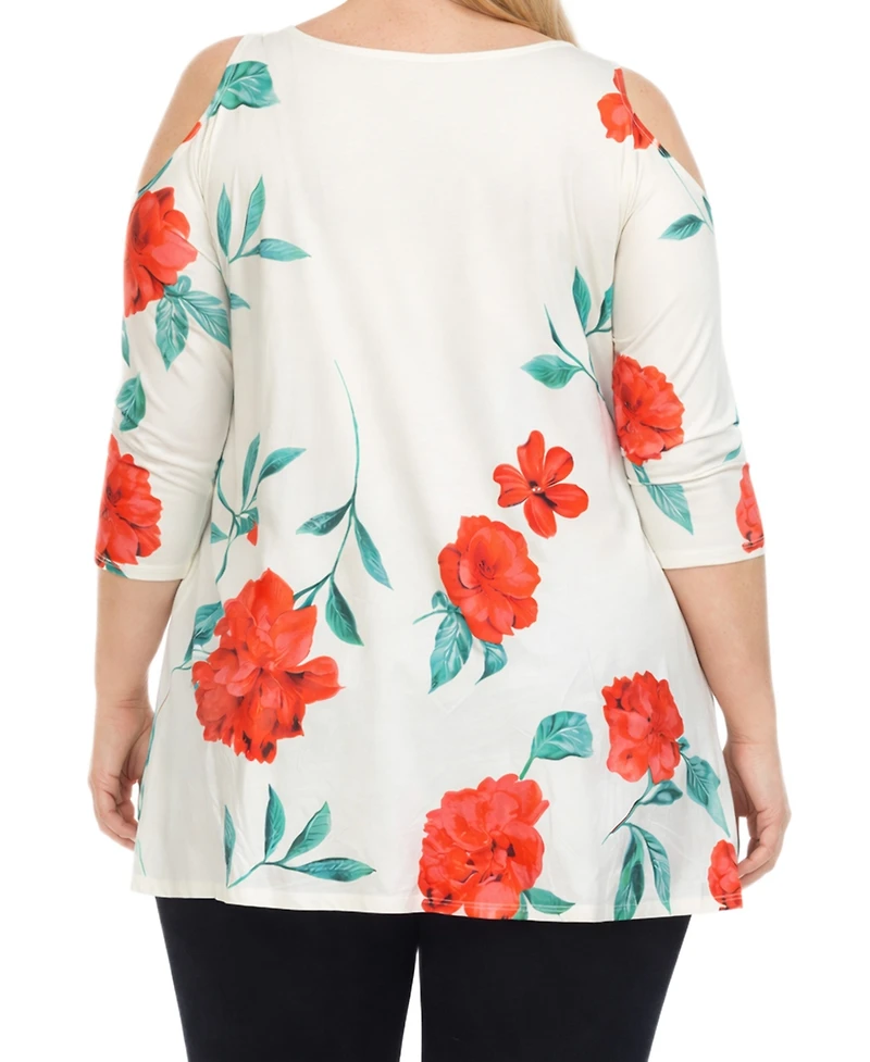 White Mark Plus Floral Cold Shoulder Knit Tunic Top