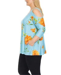 White Mark Plus Floral Cold Shoulder Knit Tunic Top
