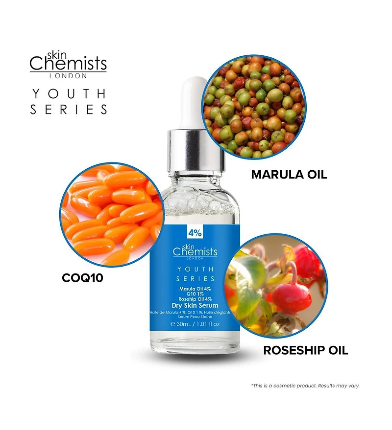 skinChemists Anti-Aging Dry Skin Serum Marula Oil 4%, Q10 1%, Rosehip Oil 4% 30ml