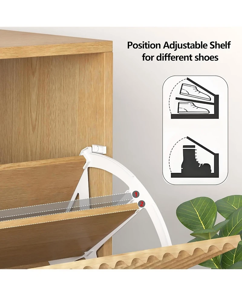 gaomon 31.5''W Slim Fluted Shoe Cabinet for Entryway Freestanding Narrow Shoe Storage with 2 Flip Drawers Open Bottom Shelf and Side Hooks for Foyer