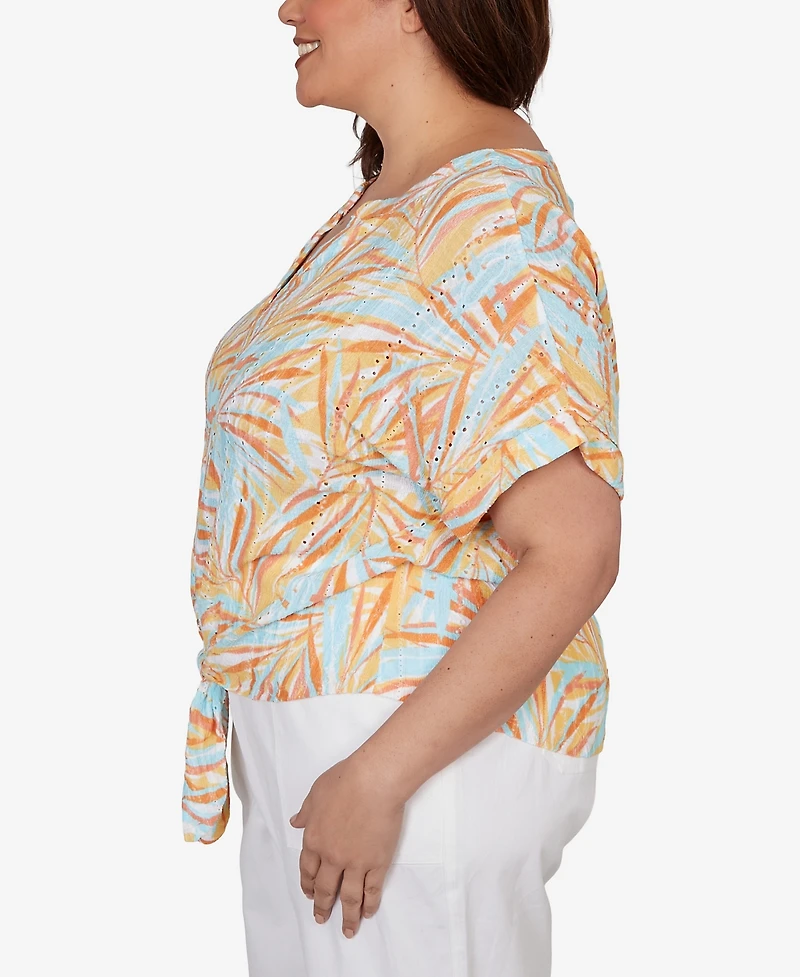 Hearts Of Palm Plus Printed Eyelet Gauze V-neck Top with Tie-Front