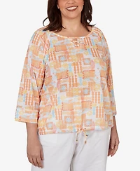 Hearts Of Palm Plus Printed Slub Blouson Top with Three-Quarter-Sleeves