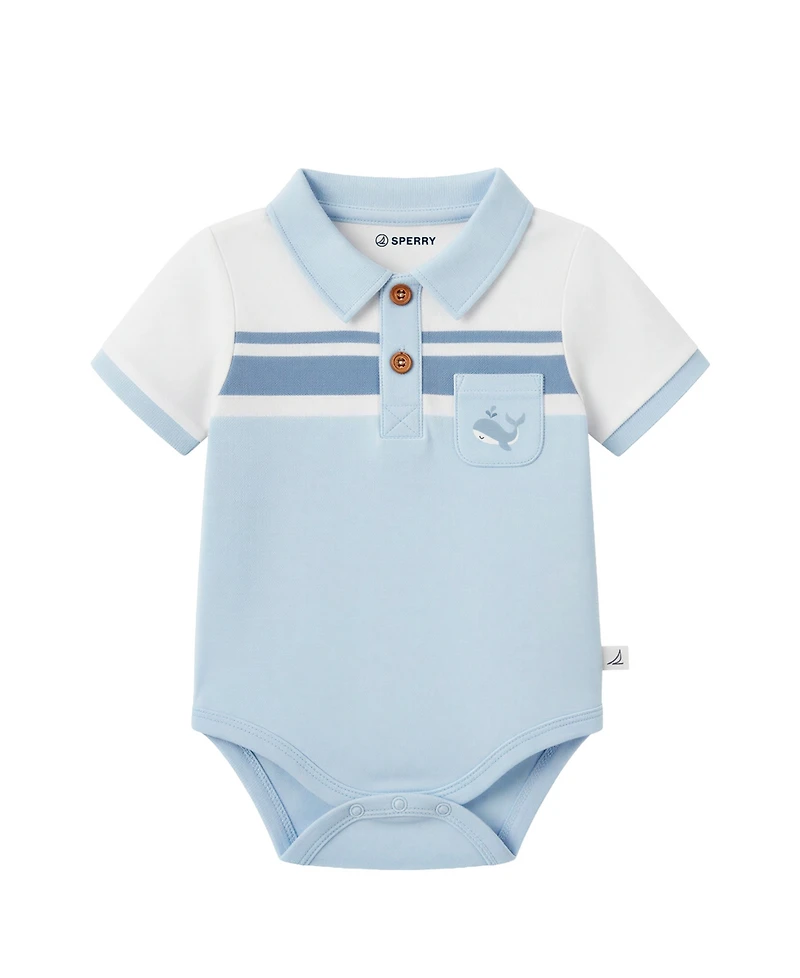 Sperry Baby Boys' Short-Sleeve Bodysuits with Crochet Whale Rattle, 2-Pack
