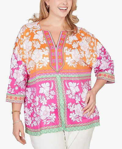 Ruby Rd. Plus Embroidered Placket Patchwork Knit Top