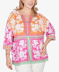 Ruby Rd. Plus Embroidered Placket Patchwork Knit Top