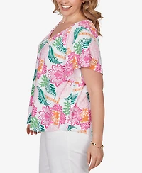 Ruby Rd. Plus Tropical Floral Eyelet Flutter Sleeve Top