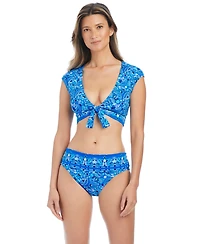 Bleu by Rod Beattie Women's Tie-Front Cap-Sleeve Swim Bikini Top