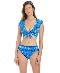 Bleu By Rod Beattie Womens Tie Front Cap Sleeve Swim Bikini Top Fold Over Bottoms