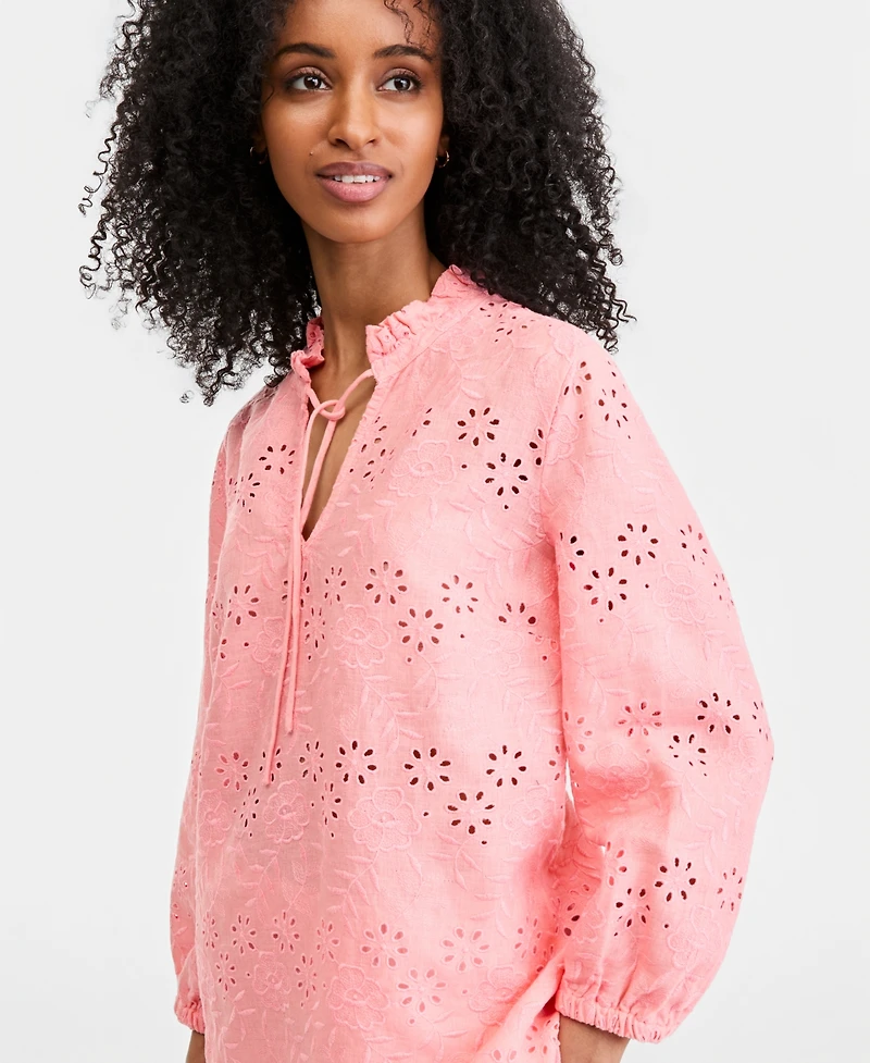 Charter Club Women's 100% Linen Eyelet-Embroidered Blouson-Sleeve Top, Macy's Exclusive