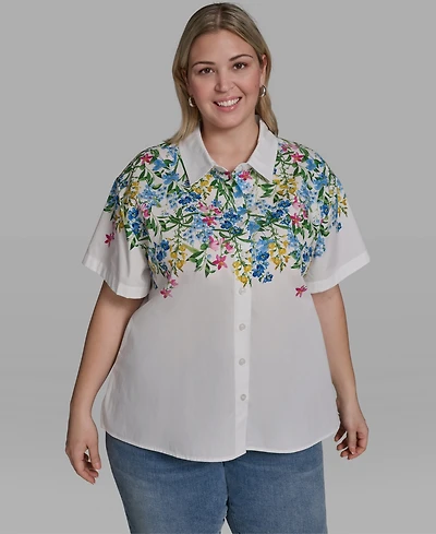 Karl Lagerfeld Paris Plus Multi-Floral Woven Collared Blouse