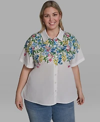 Karl Lagerfeld Paris Plus Multi-Floral Woven Collared Blouse