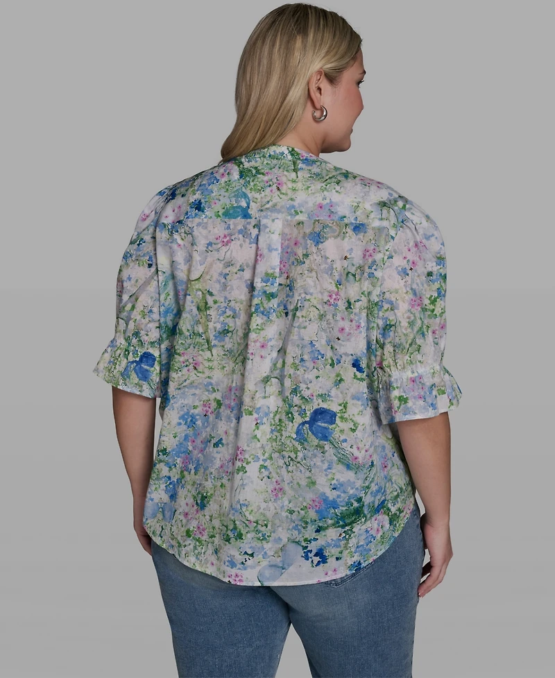 Karl Lagerfeld Paris Plus Allover Watercolor Split Neck Blouse