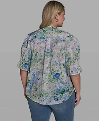 Karl Lagerfeld Paris Plus Allover Watercolor Split Neck Blouse