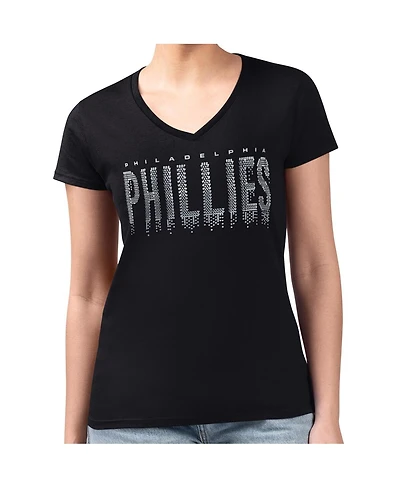 G-iii 4Her by Carl Banks Women's Black Philadelphia Phillies Metallic Drop Lightweight V-Neck T-Shirt