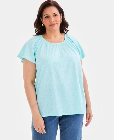 Style & Co Plus Printed Scoop-Neck Flutter-Sleeve Top, Macy's Exclusive