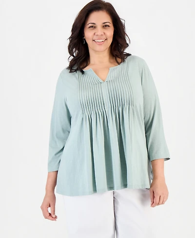 Style & Co Plus Pintucked Split-Neck 3/4-Sleeve Top, Macy's Exclusive