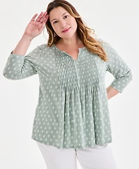 Style & Co Plus Pintucked Split-Neck 3/4-Sleeve Top, Macy's Exclusive